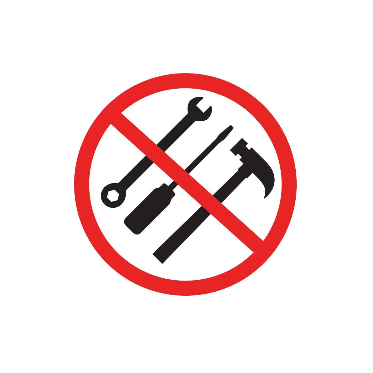 A circular prohibition sign with a red border and diagonal slash over black tool icons, centered on a plain white background.