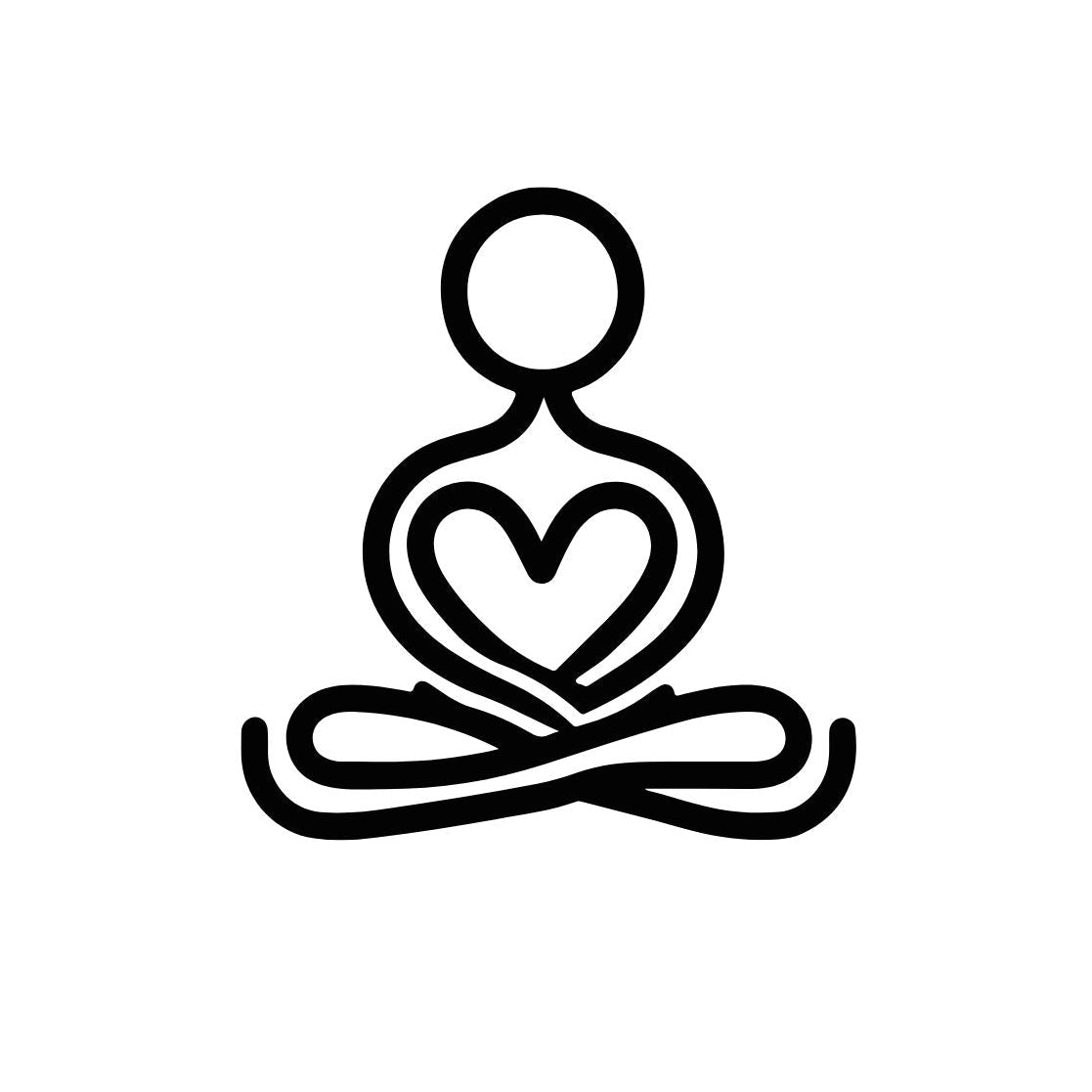 Cartoon figure doing meditation pose with a heart in the middle to show peace of mind 