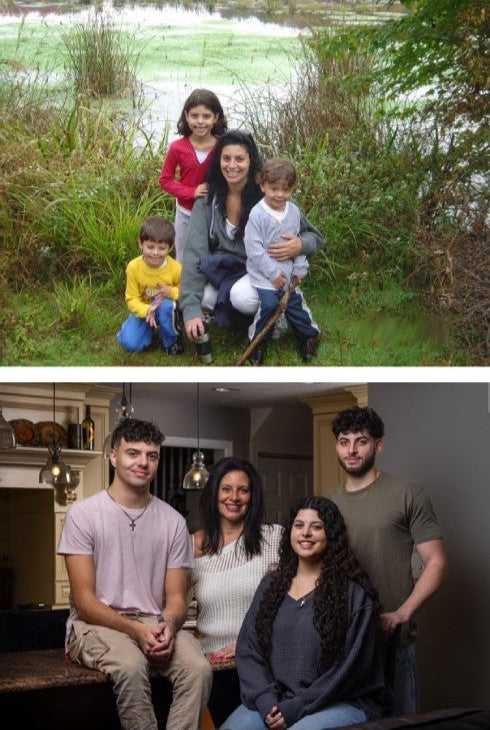 Top photo: Family of four outdoors by a pond. Bottom photo: Four people sitting together indoors. My kids and I posing for a family photo. 