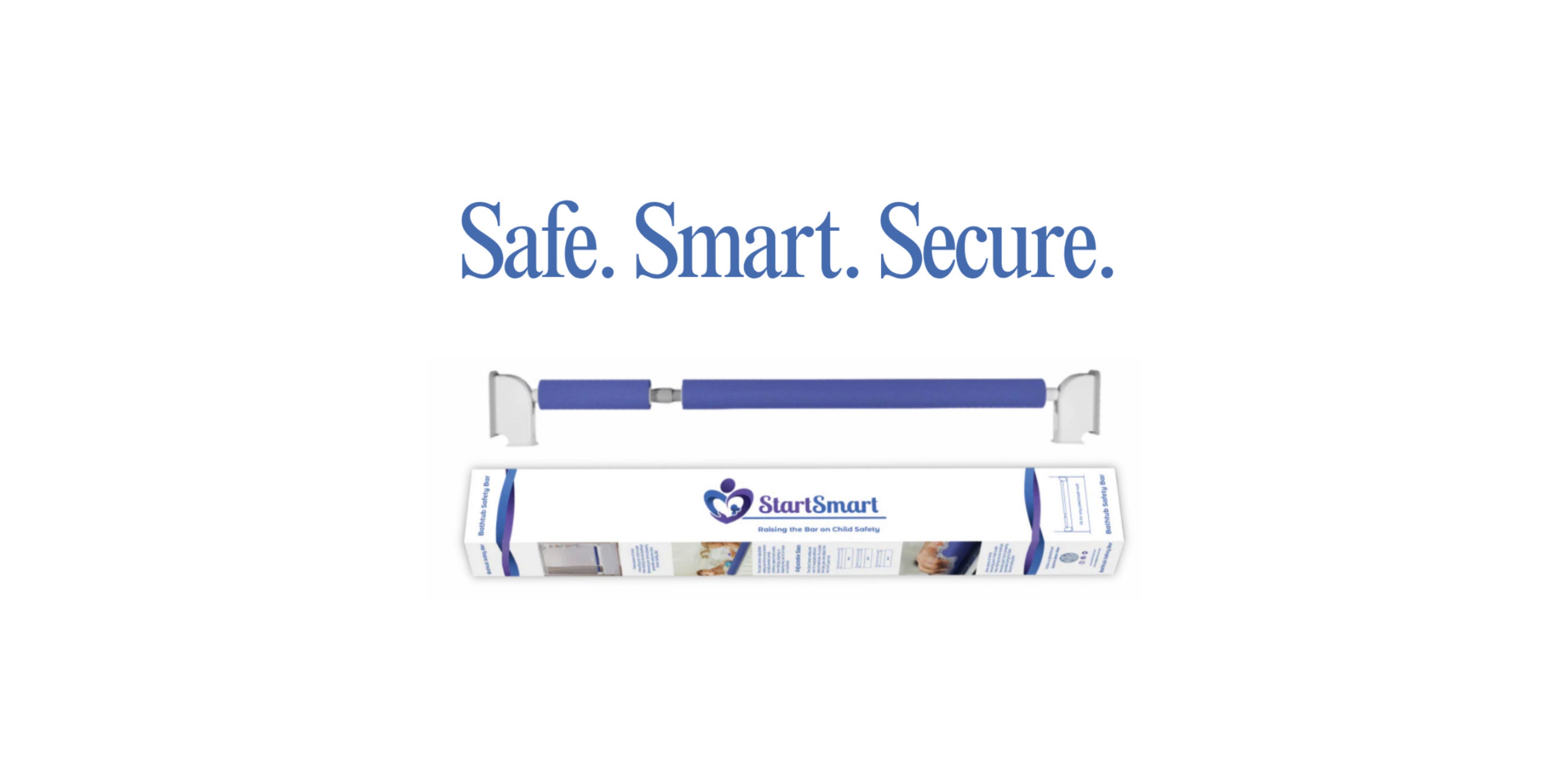 Safe. Smart. Secure. - That is the tagline for StartSmart. Here that is featured above the bar that is in blue and the bar is above the retail packaging. 