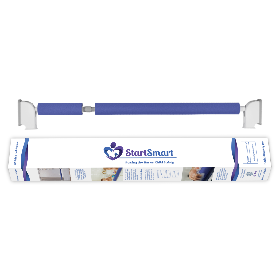 The image shows a Start Smart Safety Bar for bathtubs, featuring blue padding with white grips. This is a close up of the bar above the retail packaging. 