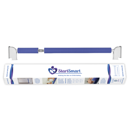 The image shows a Start Smart Safety Bar for bathtubs, featuring blue padding with white grips. This is a close up of the bar above the retail packaging. 