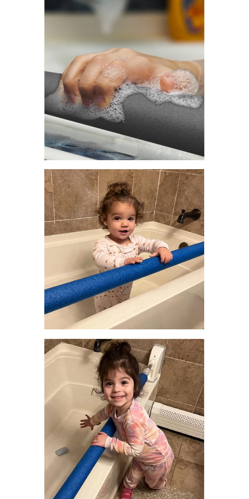 Top photo: Shows a small hand that is soapy gripping onto the bar that is in the grey color foam. 
Middle photo: little girl is standing inside the tub with the StartSmart bar in front of her. She is holding onto the bar for extra stability. 
The last photo features a little girl outside of the tub. A bar of soap is laying on the tub floor and she is trying to reach it, but can't because of the bar. This prevents her from falling into the tub. 