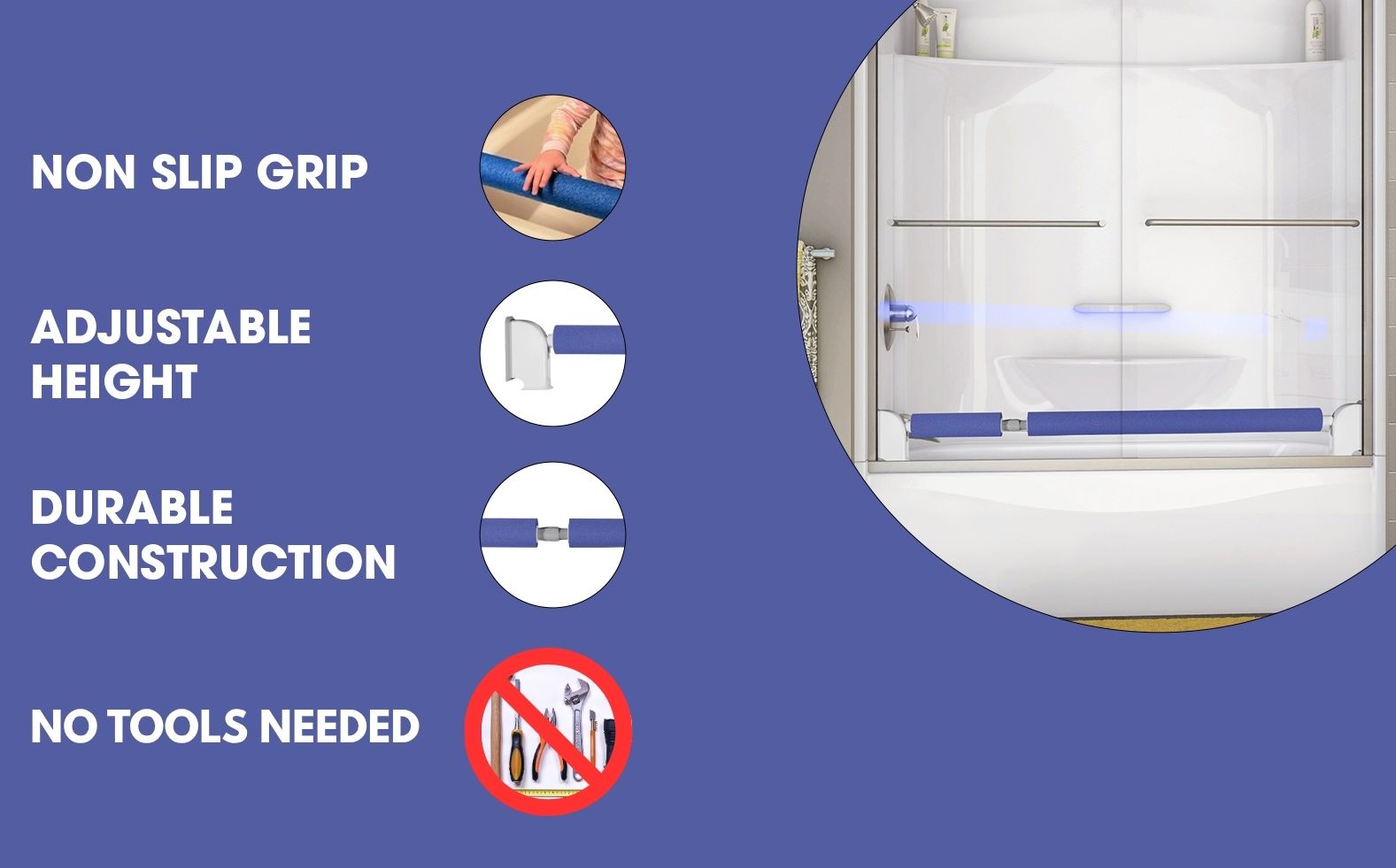 Product advertisement with features like non-slip grip, adjustable height, durable construction, and no tools needed on a blue background.
