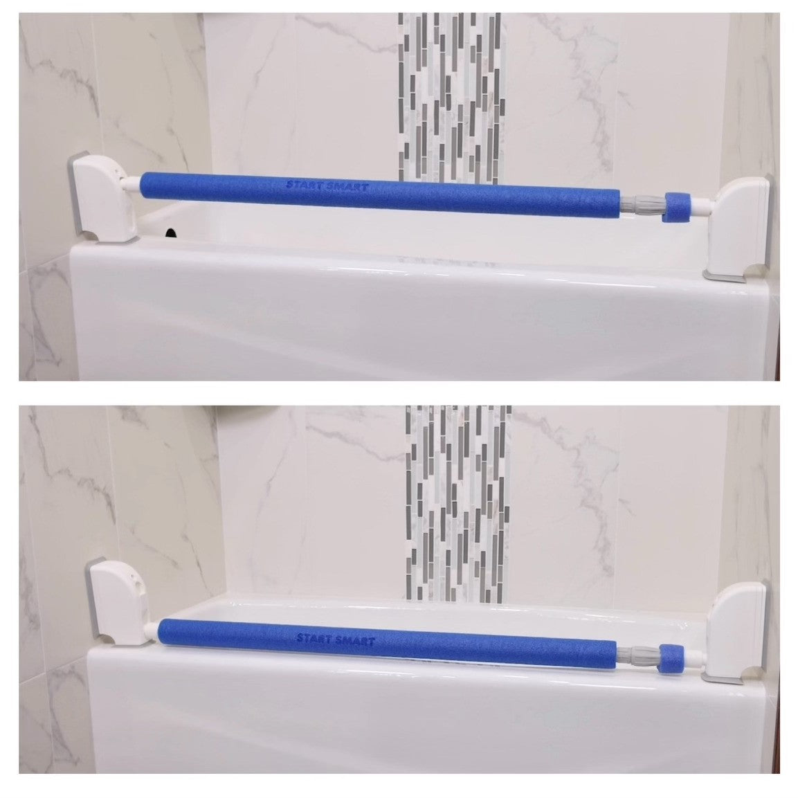 two side by side product photos of the StartSmart Safety Bar - a blue foam- covered tension bar with white end brackets - installed along the edge of a white bathtub against marble and mosaic tile walls. The images show the bar being raised and lowered. 