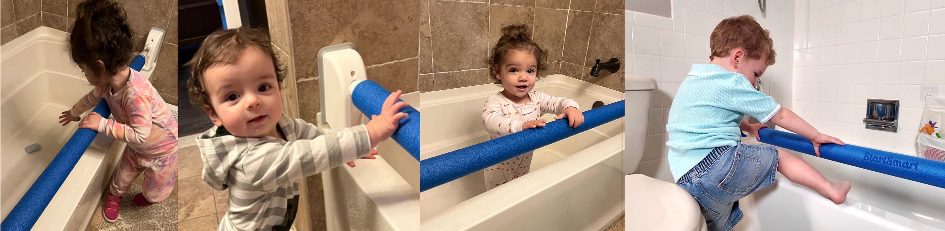 Four toddlers using the StartSmart Safety Bar to show that its easy to grip, prevents a child from going into the tub and if they are in the tub they have something stable to hold onto. 
