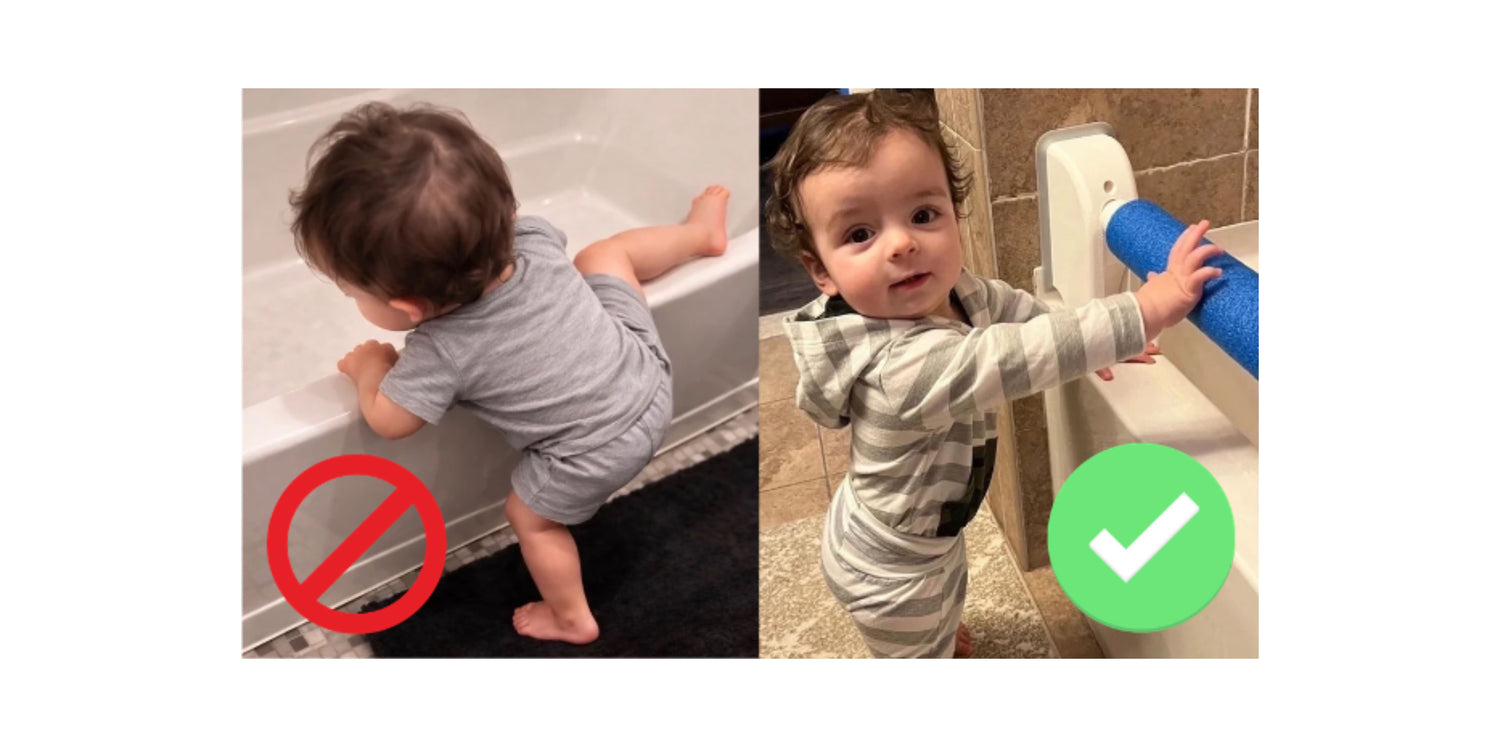 Two images showing a child climbing on a bathtub ledge with a red circle and line through, and another child using the startSmart with a green check mark.