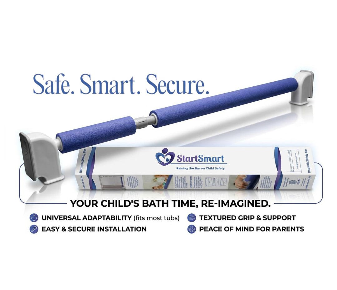 A blue and white StartSmart safety bar shown with its retail box on a white background, accompanied by marketing text and feature bullet points. Texts read - Safe. Smart. Secure. - Your child's bath time, re-imagined. Universal adaptability, Easy & secure installation, Textured grip & support and peace of mind for parents.  