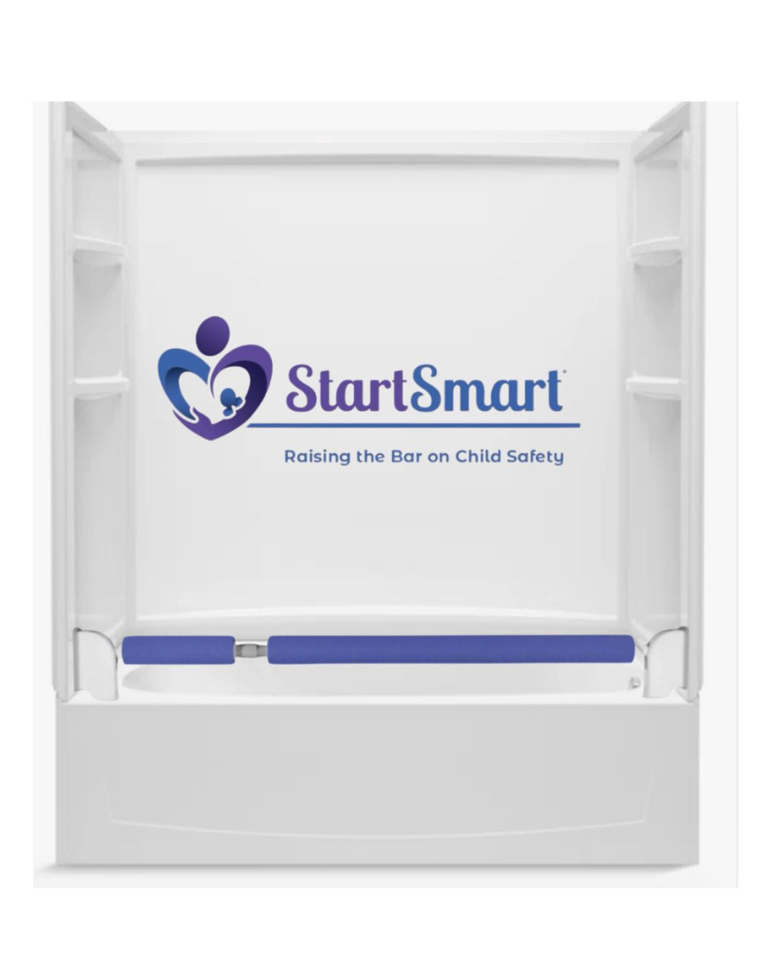 a shower with tub model showing the safety bar installed on the tub. The StartSmart logo is on the back panel of the shower with the tagline raising the bar on child safety 