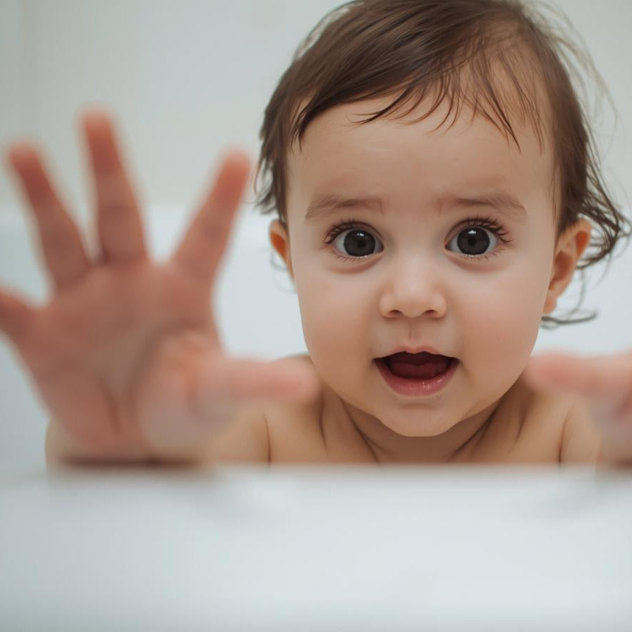 A close-up of a baby looking shocked and has it's hand up 