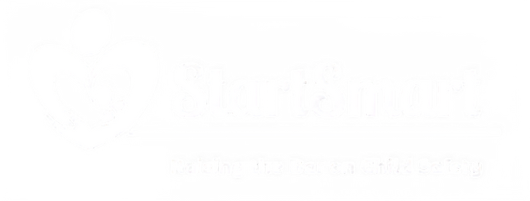StartSmart logo in white on a blue background. Under the logo it says raising the bar on child safety 